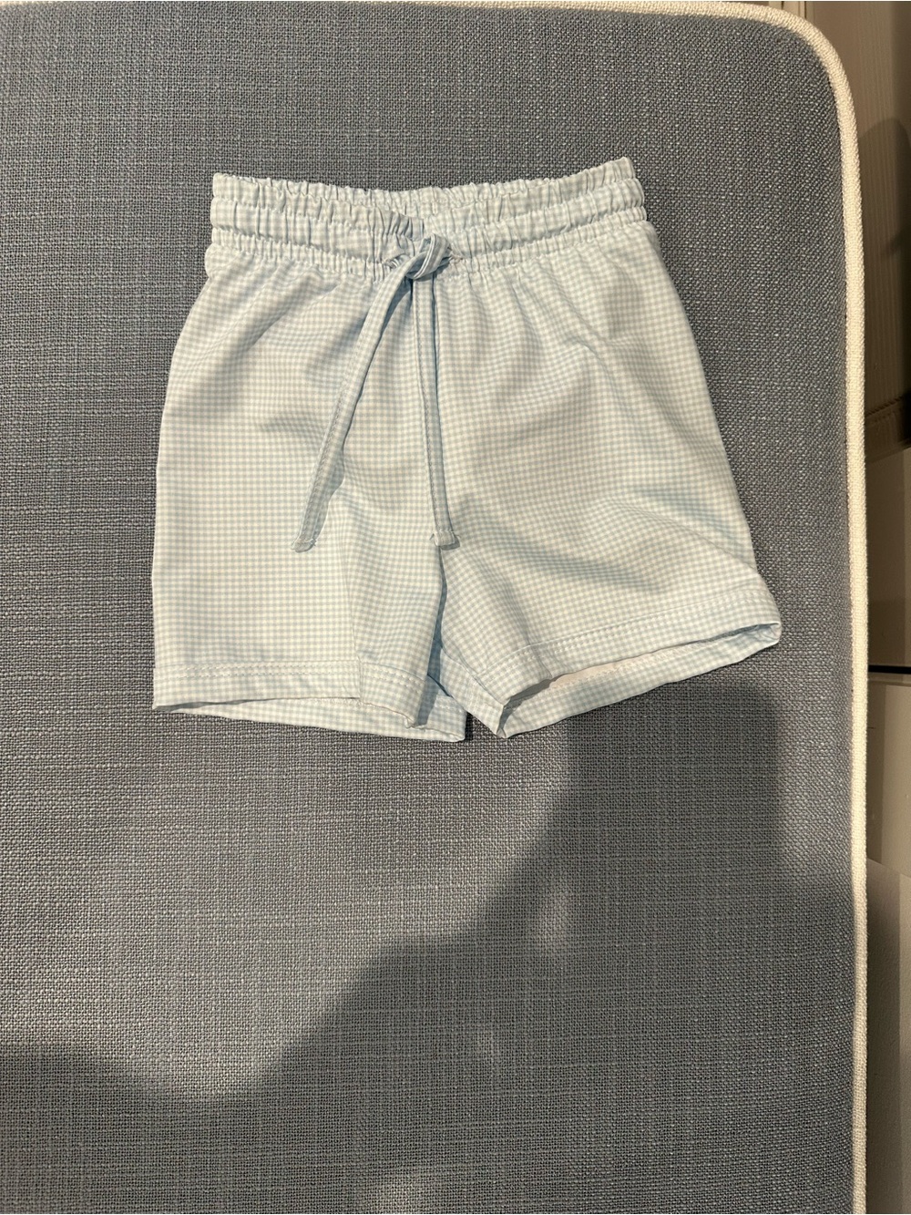 Kids Light Blue Gingham Swim Trunks with Drawstring